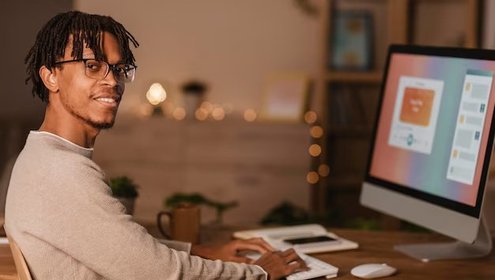 Side view man using personal computer home 23 2148793446