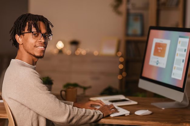 Side view man using personal computer home 23 2148793446